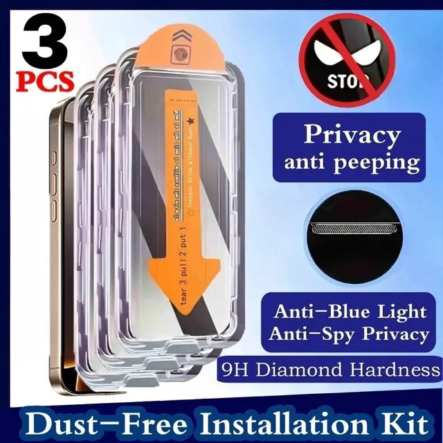 DIXSG 3er Pack Anti-Spionage Hartglas Displayschutzfolien für iPhone 16 15 14 13 12 11 Pro Max Plus XR mit One Click Staubfreier Anwendung, Transparent - Bild 1