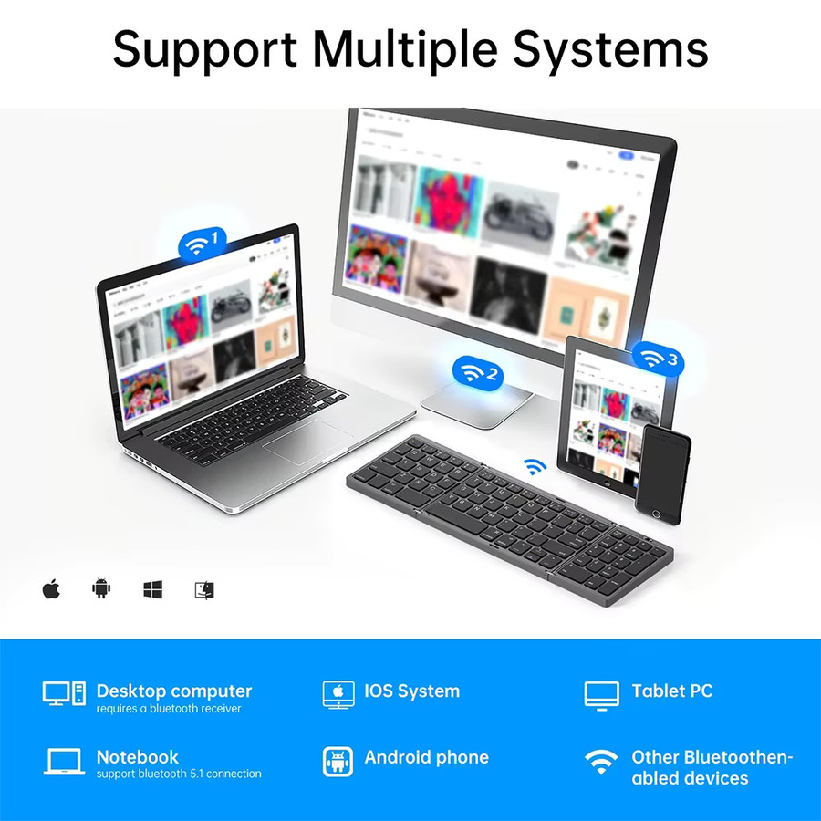KEBETEME Zusammenklappbare Bluetooth-Tastatur mit Ziffernblock, kabellose faltbare Tastatur für iOS, Android und Windows, Farbe: Schwarz - Bild 3