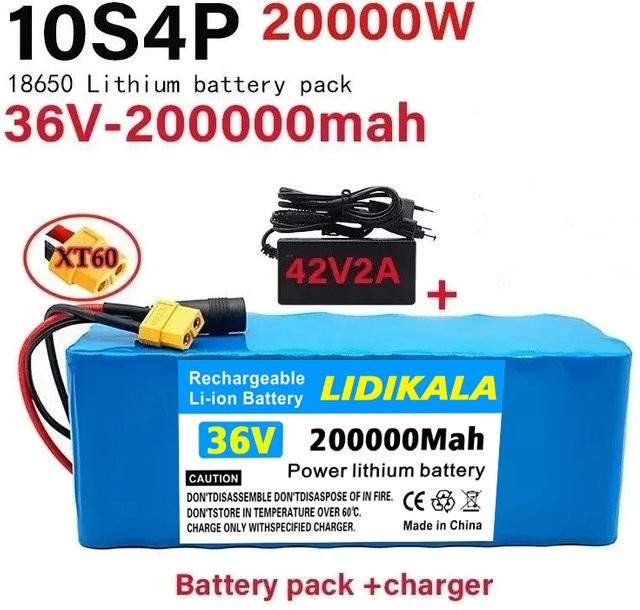 10S4P 200Ah Lithium-Batterie 36V in Blau mit BMS und XT60-Anschluss inklusive Ladegerät für Elektrofahrräder und Elektroroller - Bild 1