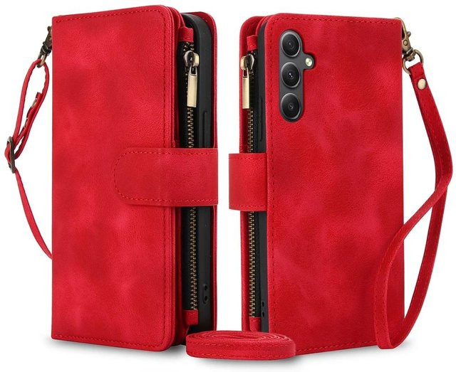Leder Handyhülle mit Reißverschluss für Samsung Galaxy S26 S25 S24 S23 S23 Plus A55 A54 A53 A35 A34 A15 A14 A13 in Rot - Bild 1