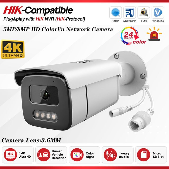 Ziksecu ColorVu PoE IP-Überwachungskamera mit 4K 5MP 8MP Auflösung, integriertem Mikrofon und 24/7 Farbüberwachung in Weiß - Bild 1