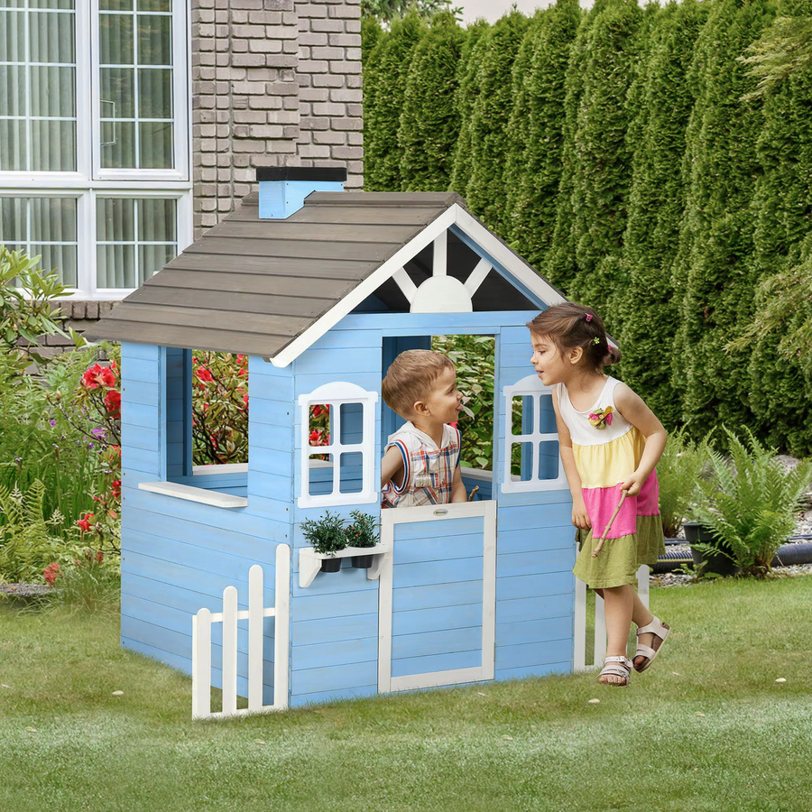 Outsunny Kinderspielhütte aus Fichtenholz in Blau mit Tür, Fenstern, Zaun und Blumentöpfen, B/T/H: 151 x 112,5 x 142 cm - Bild 3