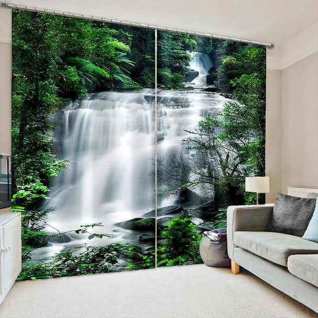 Yiran Furniture Vorhänge mit Naturlandschaft Wald und Wasserfall, 2er-Set, halbtransparent, Mehrfarbig, Breite: 65 cm, Höhe: 60 cm - Bild 1