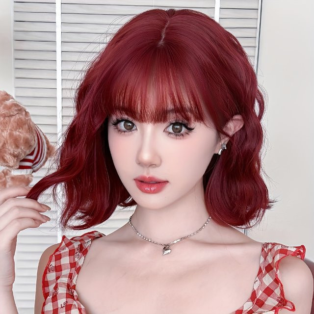 7JHH WIGS Bob-Perücke, weinrot, kurz, wasserwellig, mit Pony, Damen - Bild 1
