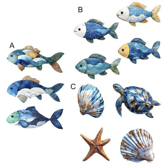 Yutianle Wanddekoration aus Holz im maritimen Design mit Fisch, Schildkröte und Seestern im rustikalen Bauernhaus-Stil - Bild 3