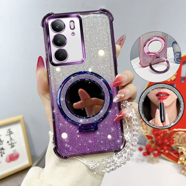 Glitzernde Handyhülle mit Vier-Ecken-Schutz, Spiegelständer und Perlenband für Oppo Realme C75 C75x 14x 4G 5G in Schwarz - Bild 1