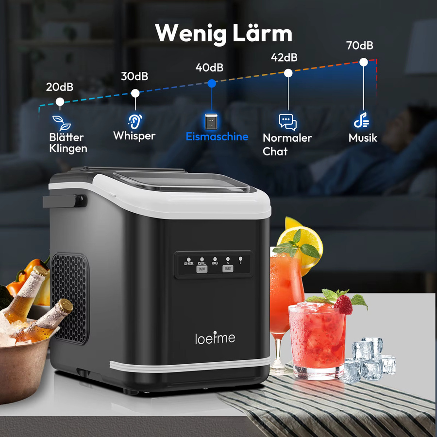 Loefme Tragbare Eiswürfelmaschine in Grün mit LED-Anzeige, 12 kg Kapazität pro 24 Stunden, 1,4 l Wassertank und wählbarer Eisgröße - Bild 4