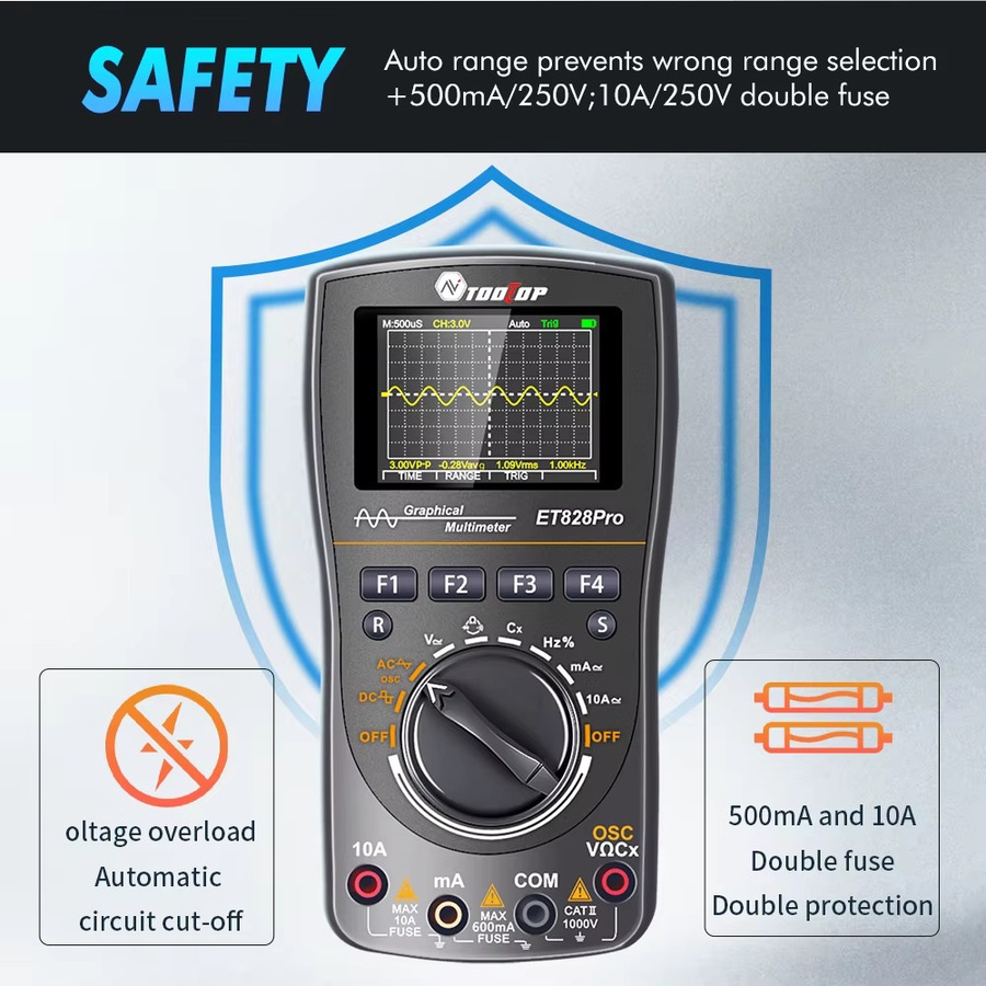 TOOLTOP ET828Pro Handoszilloskop und Multimeter in Schwarz mit 10 MHz, 50 Mp/s, 6000 Counts True RMS, Voltmeter und Amperemeter - Bild 6
