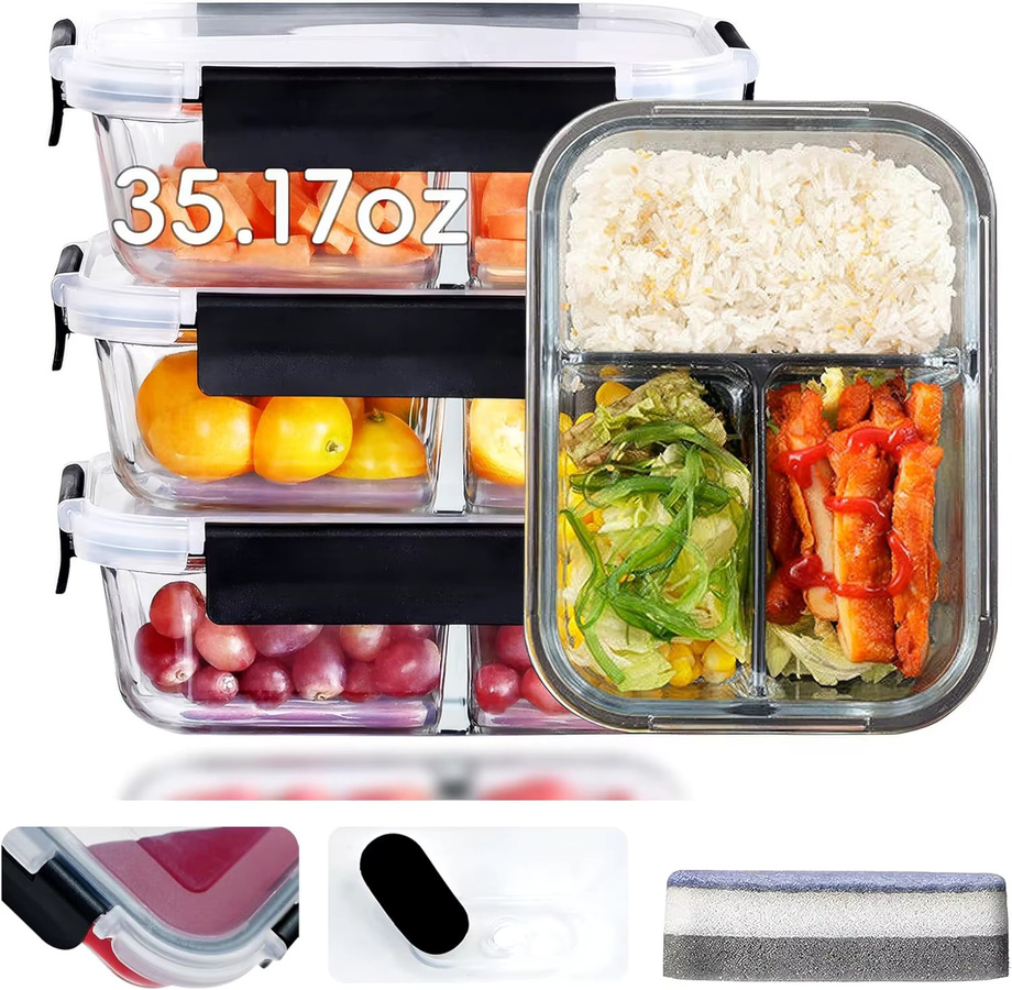 SAEIV Glasbehälter Set aus Borosilikat-Glas mit Deckeln, rechteckige Meal-Prep-Behälter, transparent, luftdicht, BPA-frei und mikrowellengeeignet, 400 ml und 1040 ml - Bild 2