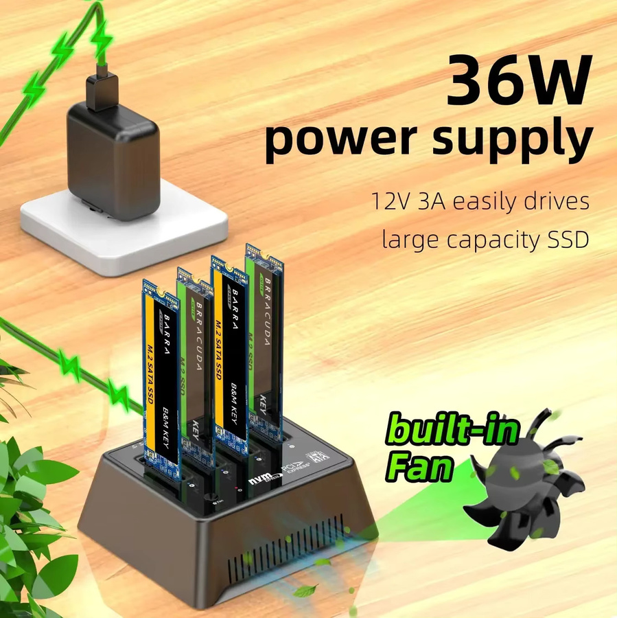 MAIWO 4-Bay M.2 NVMe SATA SSD-Gehäuse in Schwarz mit 10Gbps USB 3.2 Gen2 USB-C Dockingstation für M-Key und B+M-Key SSD-Adapter - Bild 4