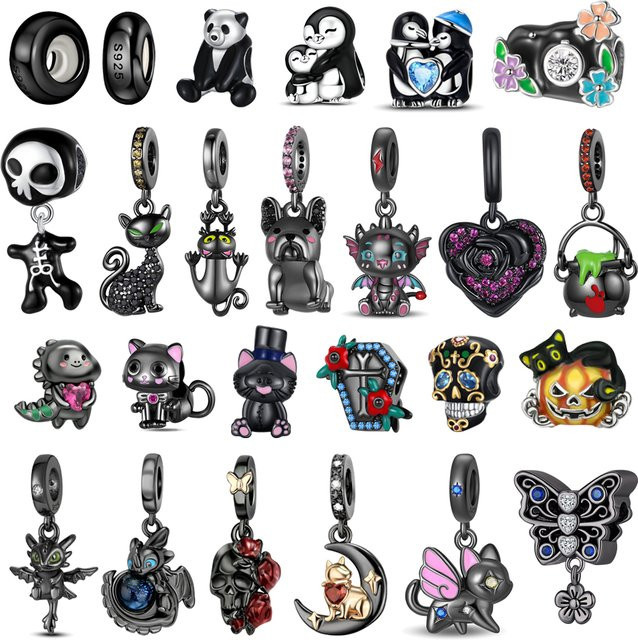 Black Series Charm-Anhänger 925 Silber, Totenkopf, schwarze Katze, Rose, Pinguin, Schmetterling, Unisex - Bild 1