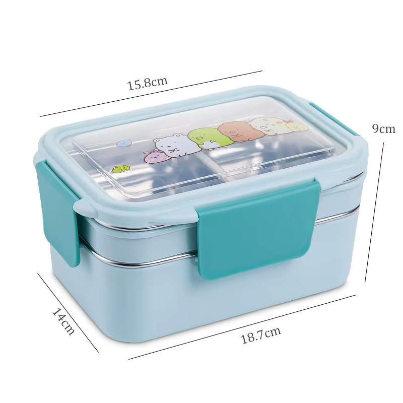 Cartoon Lunchbox aus Edelstahl mit zufälligem Muster, doppelschichtiger Lebensmittelbehälter in Blau für Kinder, Schule und Picknick - Bild 1