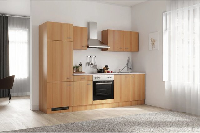 Flex-Well Küchenzeile Nano in Buche mit Melaminharz-beschichteter Arbeitsplatte, Farbe: Braun, Breite: 270 cm - Bild 1