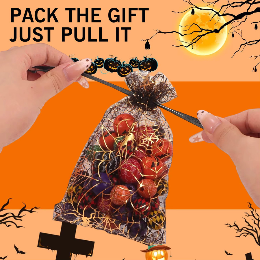 Ywbeads Halloween Organza Geschenkbeutel mit Schädel und Spinnennetz-Druck in Bunt mit Kordelzug - Bild 3