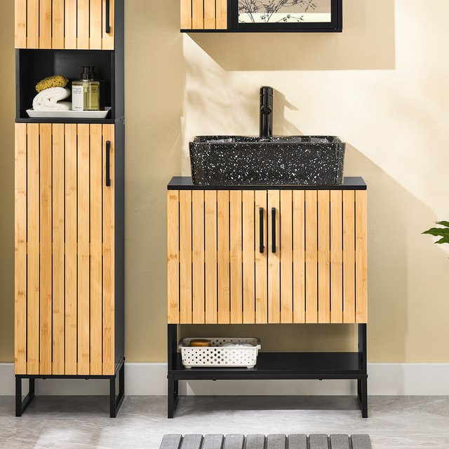SoBuy Waschbeckenunterschrank BZR202-SCH mit Bambus Tür und Metallfüßen in Schwarz, Breite: 60 cm, Tiefe: 30 cm, Höhe: 70 cm - Bild 1
