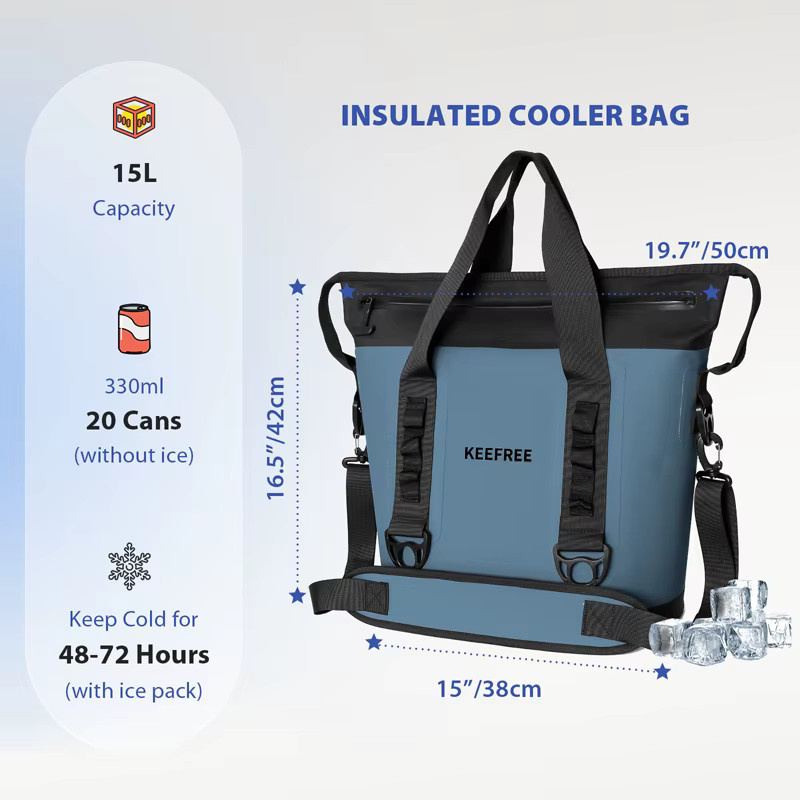 Oeny Wasserdichte Thermoisolierte Kühltasche aus TPU für Outdoor, Camping und Angeln in Grau oder Blau, 42 Liter - Bild 2