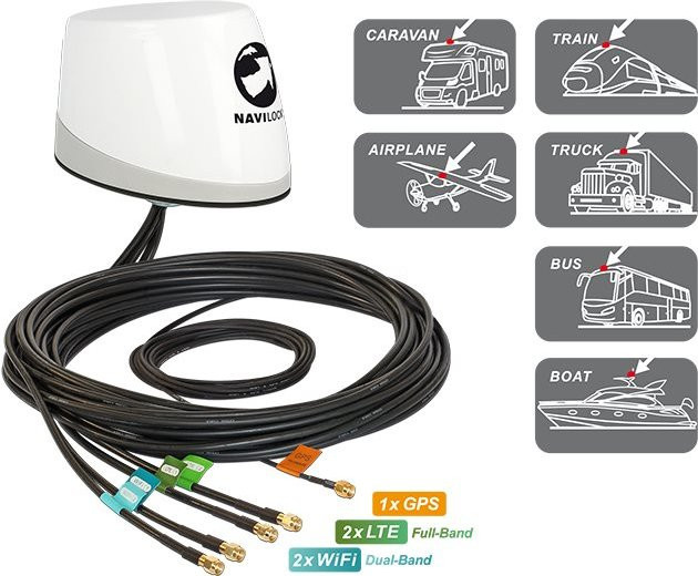 Delock Navilock NL-400 Multiband GNSS LTE-MIMO WLAN-MIMO Antenne in Weiß für die Outdoor-Dachmontage mit 5 x RP-SMA Anschlüssen - Bild 1