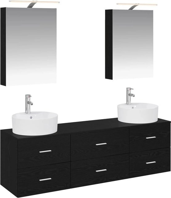 vidaXL Badezimmermöbel-Set 5-teilig aus Schwarzer Eiche und Glas, modern mit LED-Beleuchtung und Spiegelschrank - Bild 1