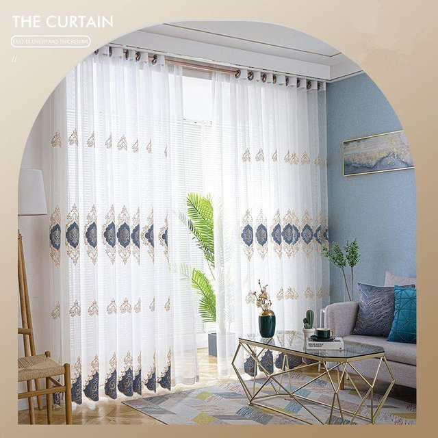 WTEMPO Luxus-Tüllvorhang mit floraler Stickerei und Ösen, transparent weiß, B: 300 cm, H: 270 cm - Bild 1