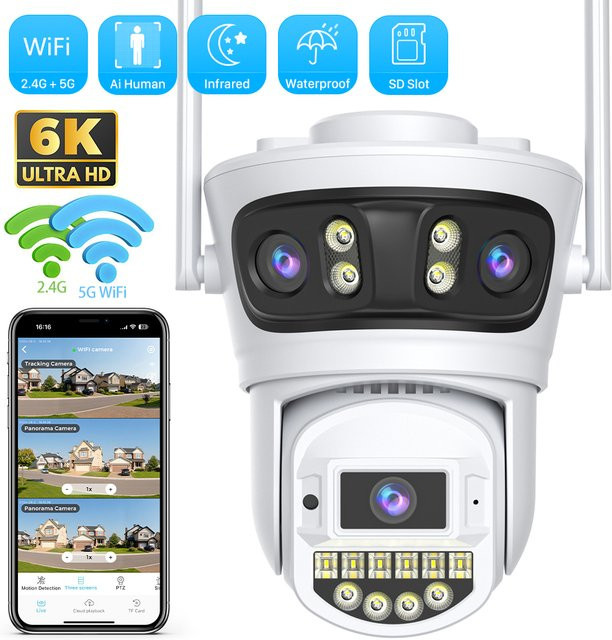 O-KAM Pro 6K WiFi IP Außenkamera mit 15MP, PTZ Motion Tracking, Drei-Objektiv-System und 4K Video, Wasserdicht, Weiß - Bild 1