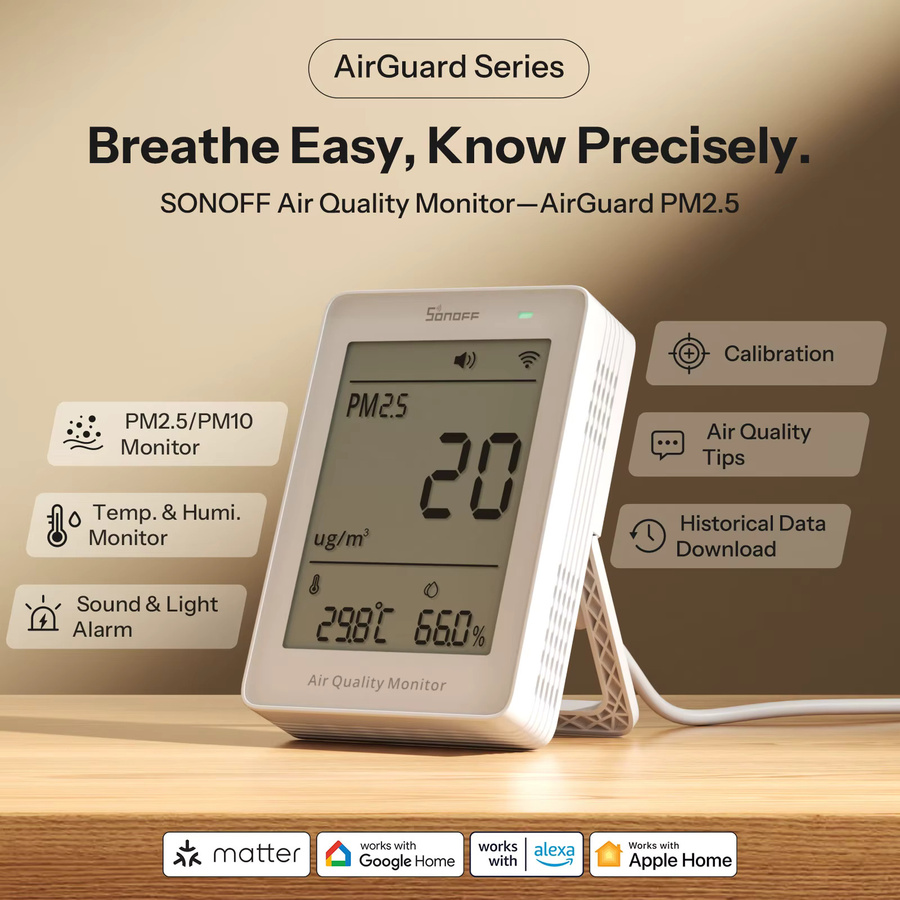 SONOFF AirGuard SAWF-07P WLAN Luftqualitätsmonitor mit Matter-Unterstützung, Feinstaubsensor für PM2.5/PM10 sowie Temperatur- und Feuchtigkeitssensor, Weiß - Bild 2