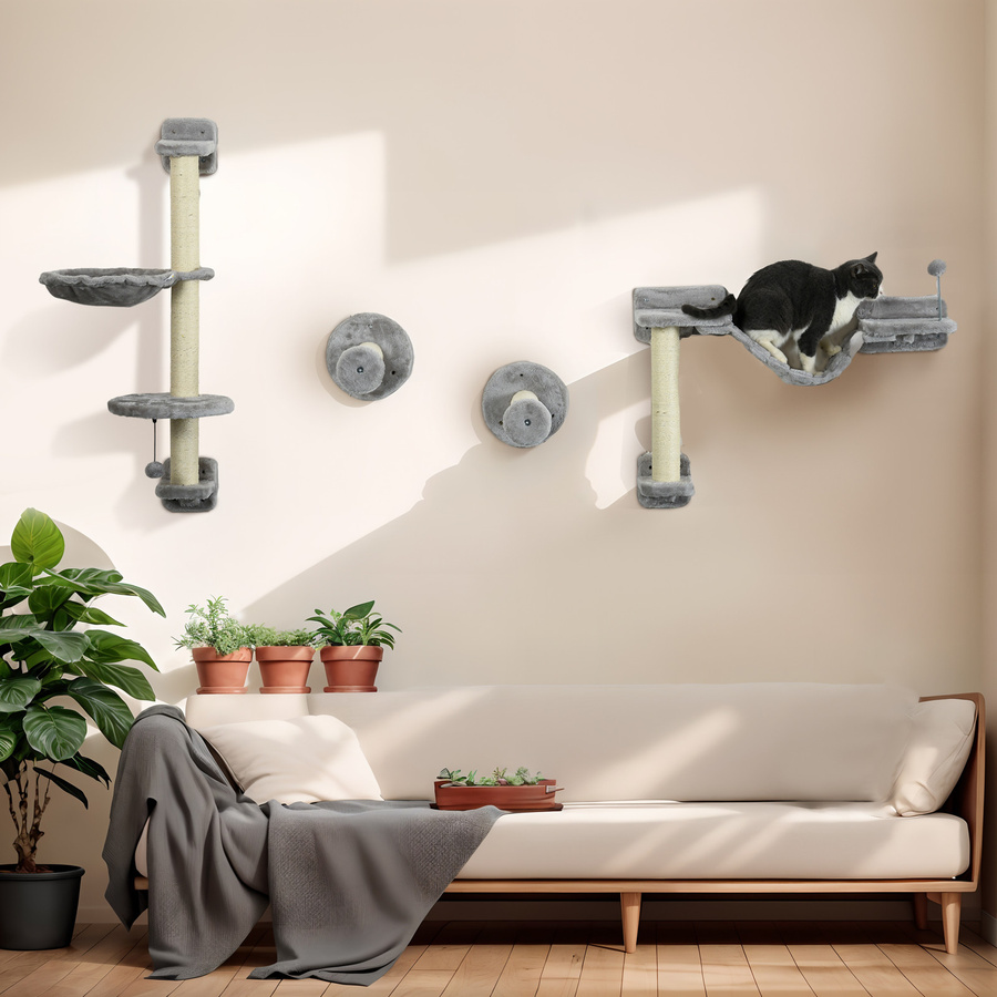 PawHut Wand-Kratzbaum Komplettset 4-teilig von Aosom in Grau mit Hängematte, Sprungplattformen, Sisalstange und Leiter - Bild 2