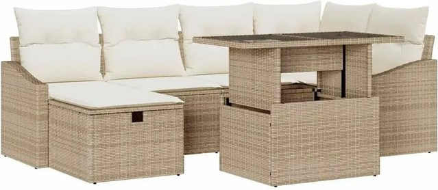 vidaXL Garten-Sofa-Set aus Polyrattan in Beige mit 7 Teilen, L-Form mit Kissen und integriertem Stauraum - Bild 1