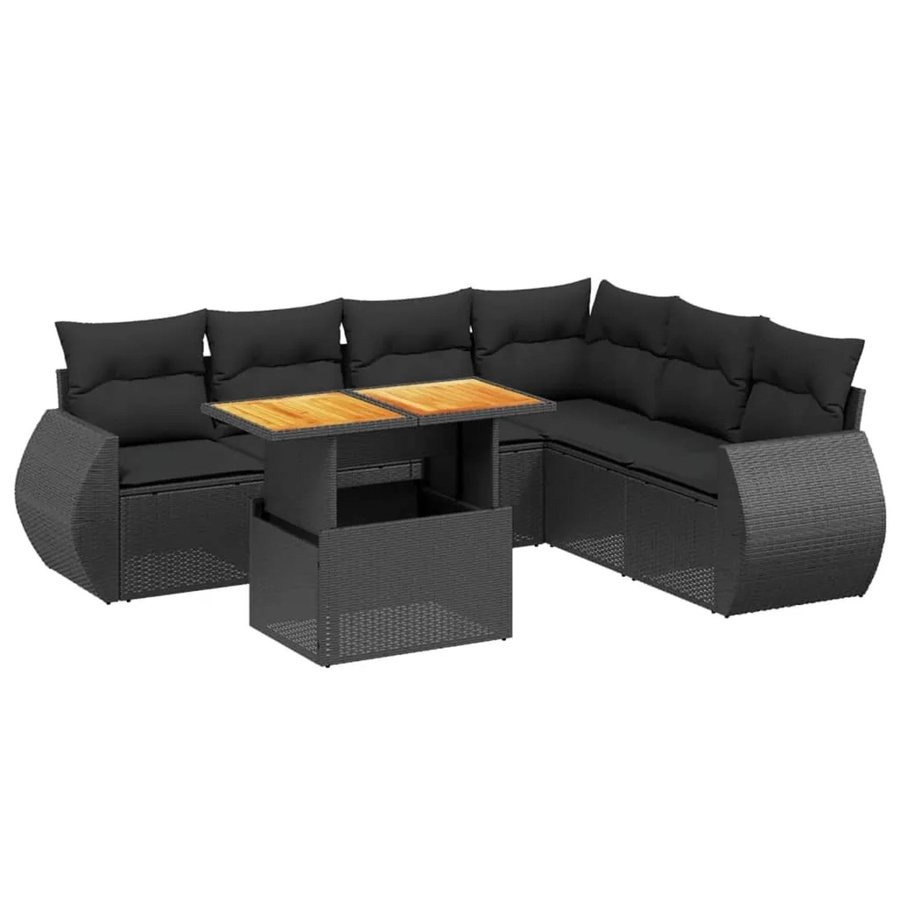 vidaXL 7-teilige Garten-Sofagarnitur in L-Form aus Poly-Rattan und Akazienholz mit Kissen in Schwarz - Bild 2