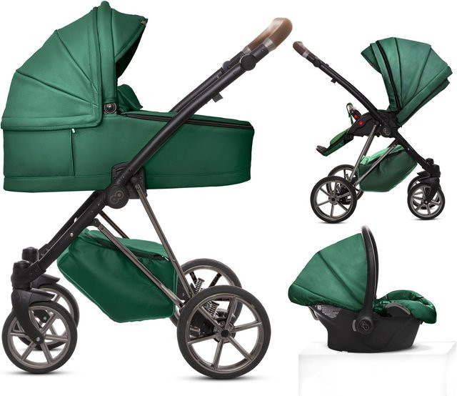 TPFLiving 3in1 Kinderwagen Royal aus Kunstleder in Grün mit Gestell in Space Grau - Bild 1