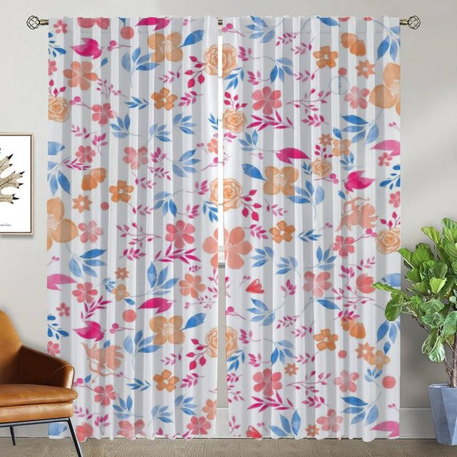 2er-Set elegante Raumteiler Vorhänge mit floralem Tüll Design in Multicolour, semi-transparent für Schlafzimmer, Wohnzimmer und Küche, Breite: 50 cm, Höhe: 70 cm - Bild 1