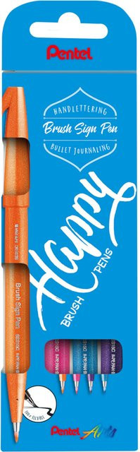Pentel Brush Sign Pen Kalligrafiestift Set Happy in Multicolour mit Orange, Pink, Hellblau und Violett - Bild 1