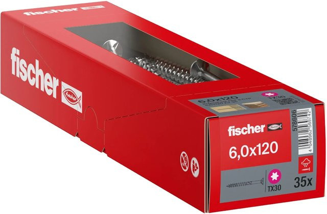 Fischer PowerFast II A2 Senkkopf Schraube mit Torx-Antrieb und Teilgewinde aus Edelstahl, Farbe: Silber, Durchmesser: 6 mm, Länge: 120 mm, 35 Stück - Bild 1