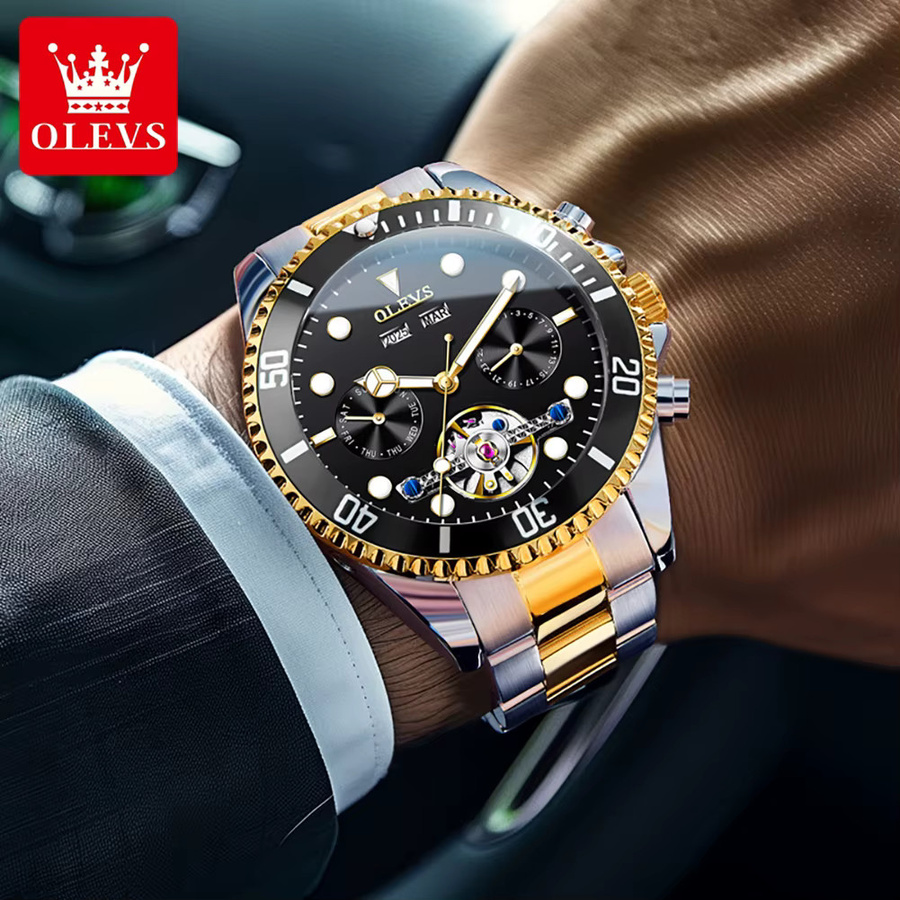 OLEVS Armbanduhr Automatik, Edelstahl, Schwarz, Gold, Herren - Bild 5