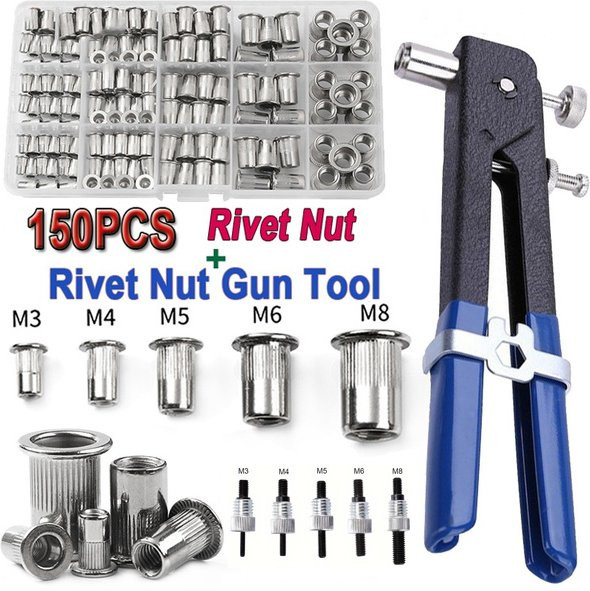 YISEONG Nietmuttern Pistole Set mit 150 Stück Dornen für M3, M4, M5, M6 und M8 sowie Flathead-Schrauben zur Reparatur von Pop-Muttern - Bild 1