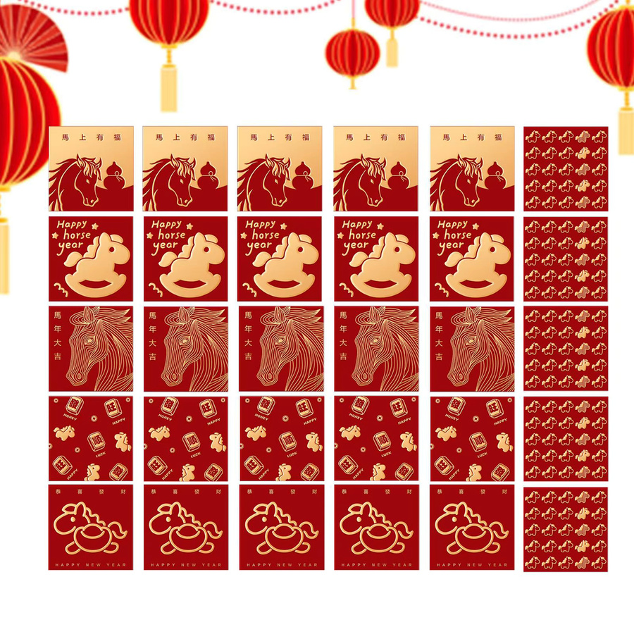 30 Stück Chinesische Rote Umschläge für das Jahr 2026 mit niedlichem Pferde-Motiv in Rot und Gold aus Papier - Bild 2
