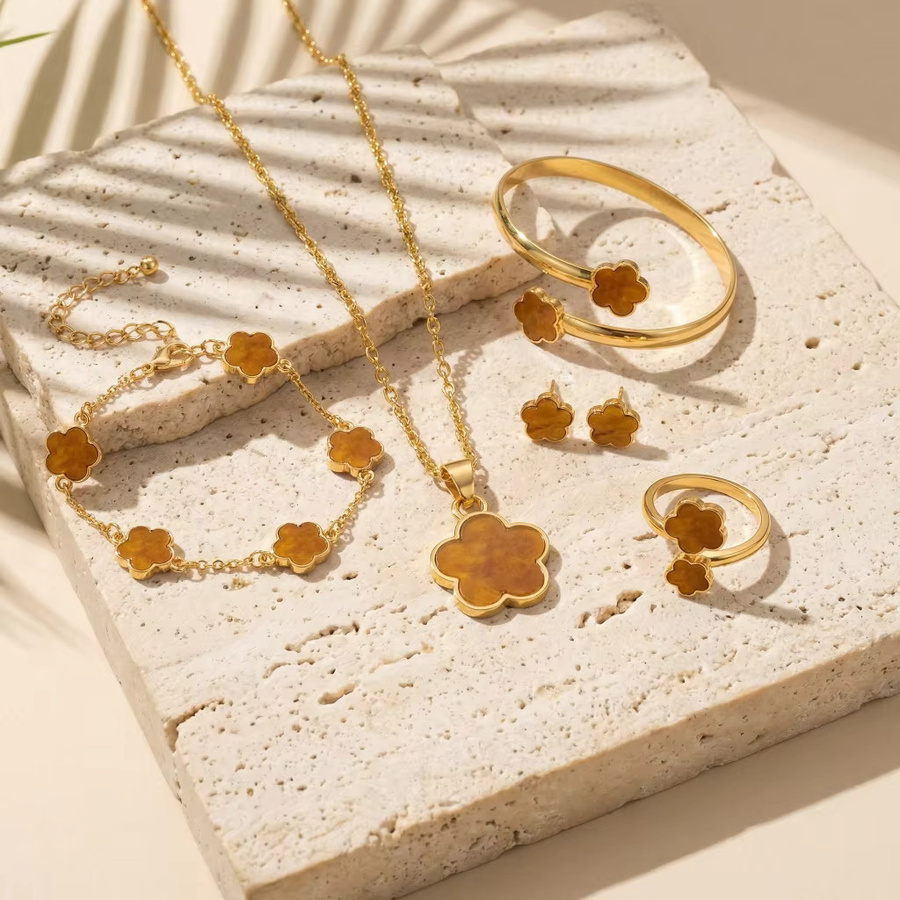 Rinhoo Schmuckset, 5-teilig, Pflaumenblüten, Emaille, Messing, Gold, Damen - Bild 3