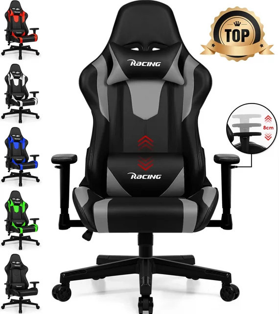 Adormii Gaming-Stuhl in Rot-Schwarz mit verstellbarem Lendenkissen, Kopfstütze und Armlehnen, ergonomischer gepolsterter Gamer-Stuhl aus Kunstleder mit 150 kg Tragfähigkeit - Bild 1
