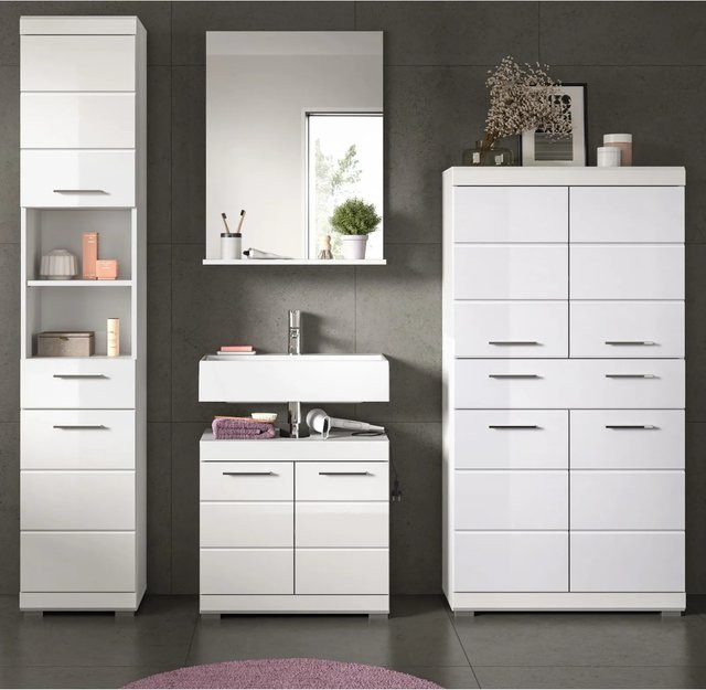 Inn.Furn Badmöbel Set Shawn 4-teilig in Weiß Hochglanz mit Spiegelschrank, Waschtischunterschrank, Hochschrank und Seitenschrank, Breite: 201 cm - Bild 1