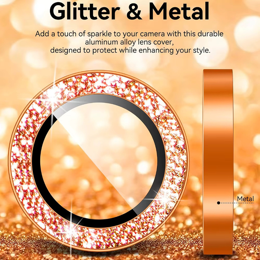 NNBILI 3er-Set für iPhone 17 16 15 14 13 Pro Max mit Glitzer Metall Bling-Ring-Cover und 9H kratzfestem Panzerglas in Orange - Bild 2