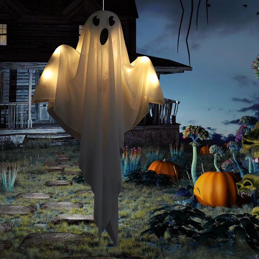 VAKIND Halloween Geister-Horror-Requisite, batteriebetriebene beleuchtete Geister-Dekoration in Weiß zum Aufhängen für Terrasse und Rasen - Bild 2