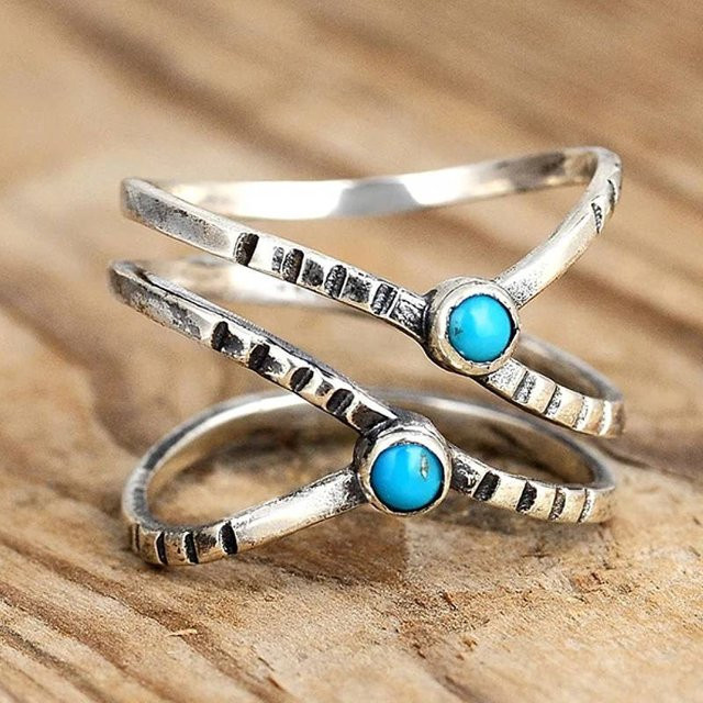 Huitan Ring, Kreuz Design, Blauem Acryl Stein, Silber, Damen - Bild 1