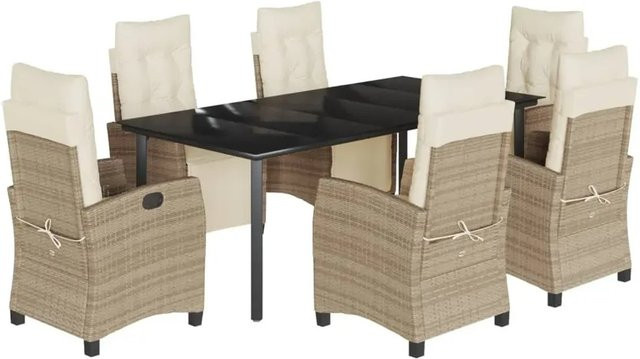 vidaXL 7-teilige Garten-Essgruppe aus Poly Rattan in Beige mit Kissen und Glastisch - Bild 1