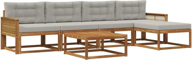 vidaXL Outdoor-Sofagarnitur in L-Form aus Akazienholz mit 6 Kissen in Natur und Grau - Bild 1