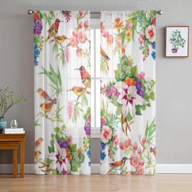 Binchi Outdoor Equipment Transparente Tüll-Vorhänge mit Blumen- und Vogelmuster in Weiß, B/H: 135 x 114 cm - Bild 1