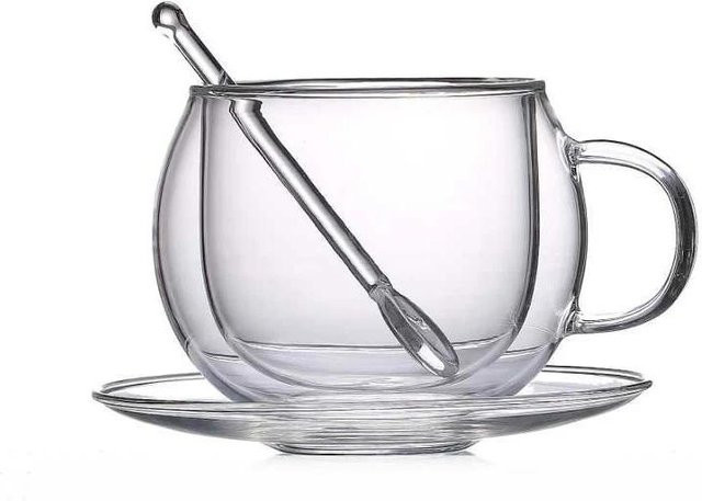 Yiran Furniture Doppelwandiges Glas-Tassen Set mit Untertassen und Löffeln in Weiß und Transparent für Tee, Latte, Cappuccino und Espresso - Bild 1