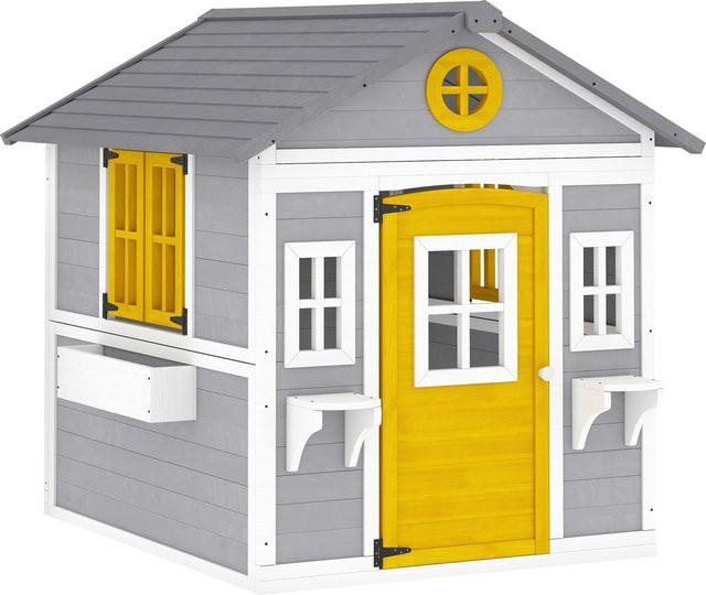 Outsunny Kinderspielhaus aus Holz mit Tür, 6 Fenstern und 2 Blumenkästen in Grau - Bild 1
