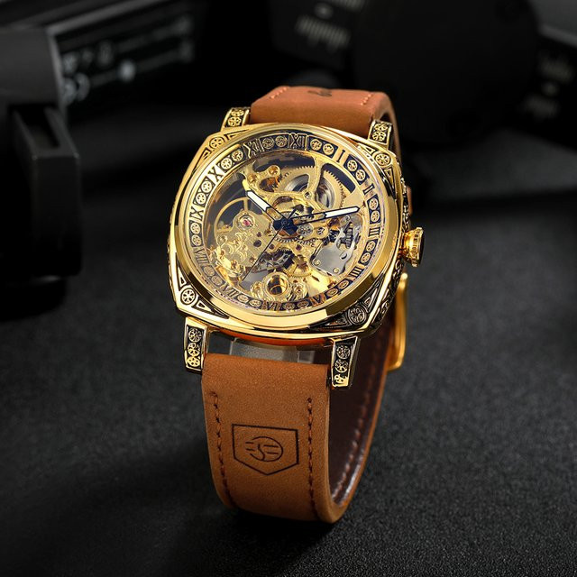 Forsining Skelett-Mechanikuhr, Automatik, Gold, Eckiges Gehäuse, Lederarmband, Herren - Bild 1
