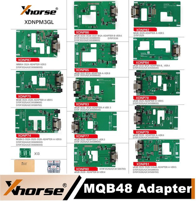 Xhorse XDNPM3GL MQB48 Lötfreier Adapter 13-teiliges Komplettset in Grün kompatibel mit Multi-Prog, VVDI Prog und Key Tool Plus - Bild 1