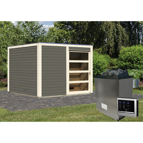 Karibu Saunahaus Kandau aus Fichtenholz in Grau mit 9 kW Ofen und externer Steuerung, B/T/H: 276 x 276 x 210 cm - Bild 2
