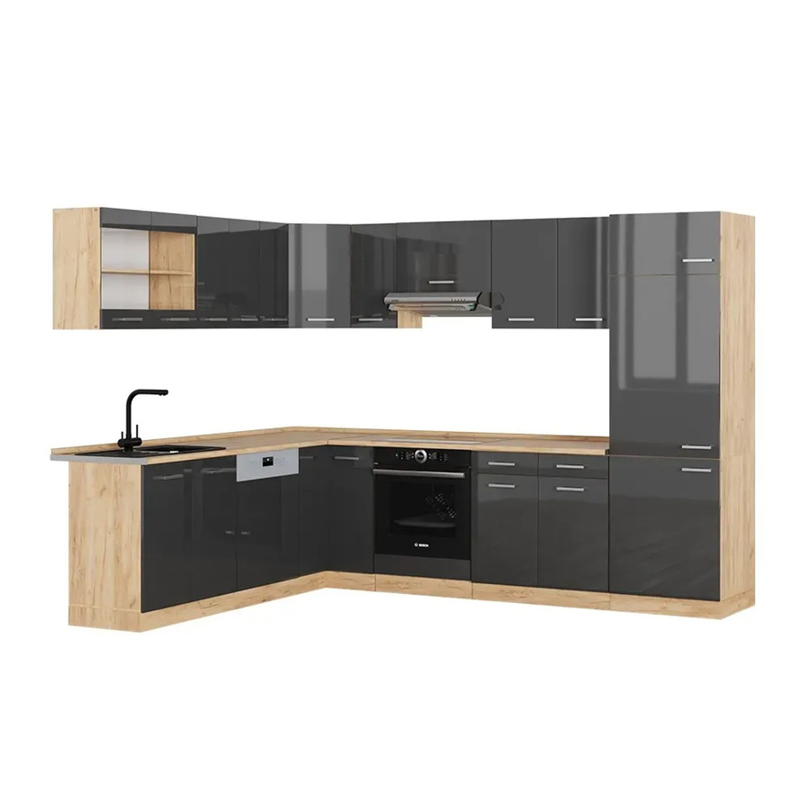 Vicco R-Line Eckküche in Anthrazit Hochglanz und Goldkraft Eiche, moderne Einbauküche ohne Elektrogeräte, B/T/H: 227 x 287 x 207 cm - Bild 2